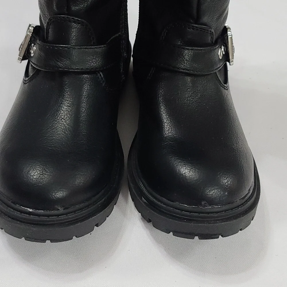 DKNY Girls Boots Black Zips Buckle Accents Chunky Soles Sz 1 EUC‎